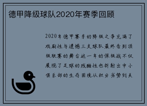 德甲降级球队2020年赛季回顾
